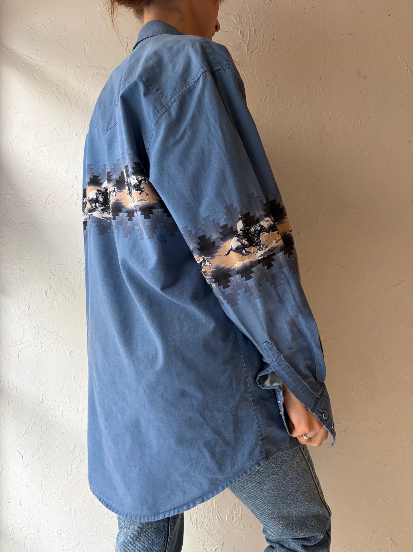 90s 'Wrangler' Blue Horse Print Western Snap Up Shirt / Vintage 1990s Cowboy Work Wear Shirt / Large