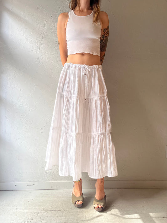 Y2k 'White Stag' White Tiered Drawstring Boho Cottagecore Western Prairie Summer Maxi Skirt / Small - Large