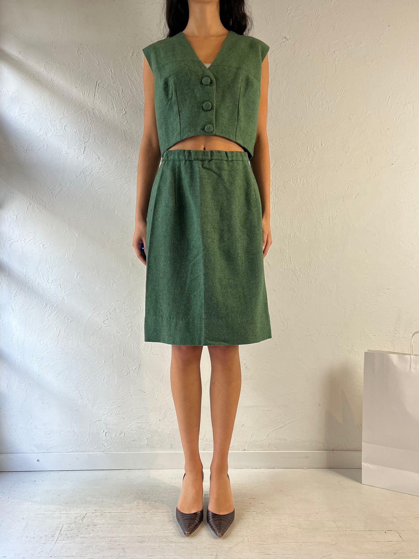 Vintage Handmade Green Wool Two Piece Set / Small