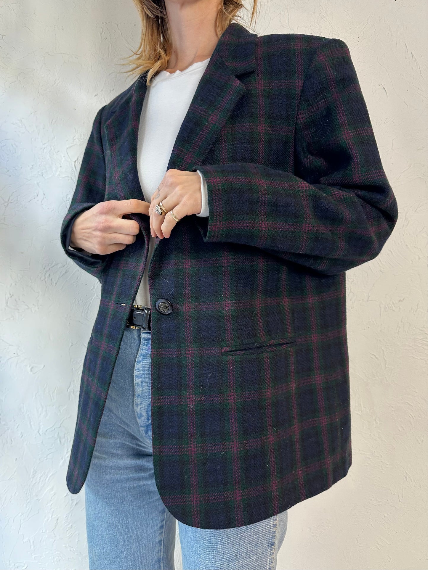 90s 'Requirements' Blue Plaid Blazer Jacket / Medium - Large