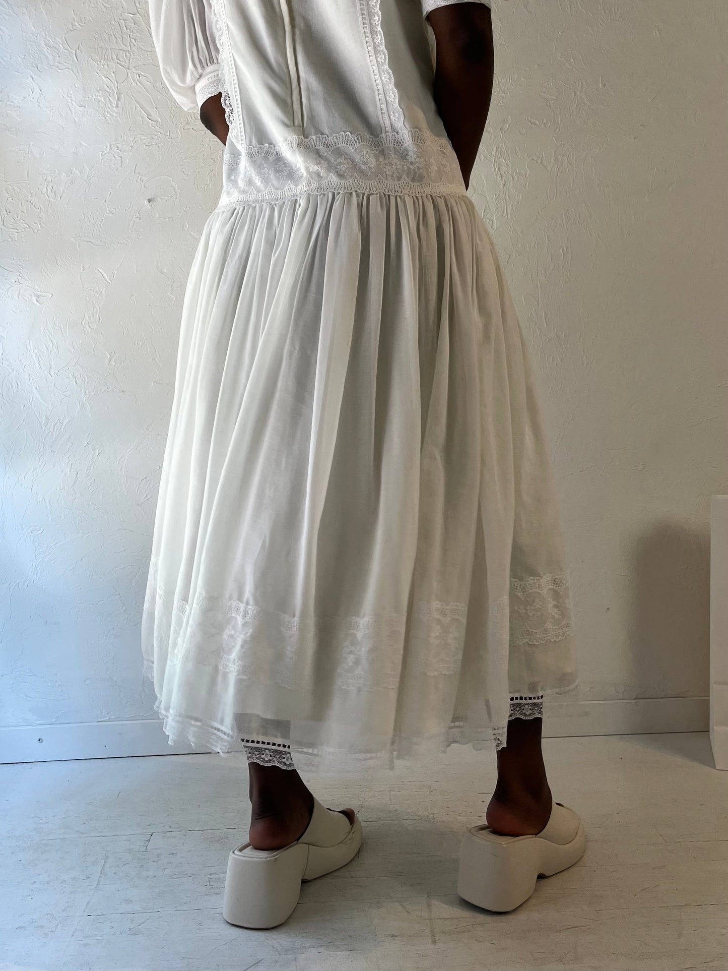 80s 'Jessica McClintock' White Drop Waist Midi Dress / Medium