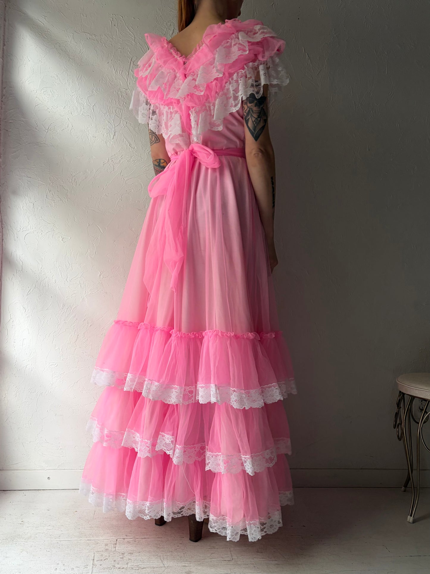 70s 'Petite Fashions' Pink Ruffle Formal Dress / Small