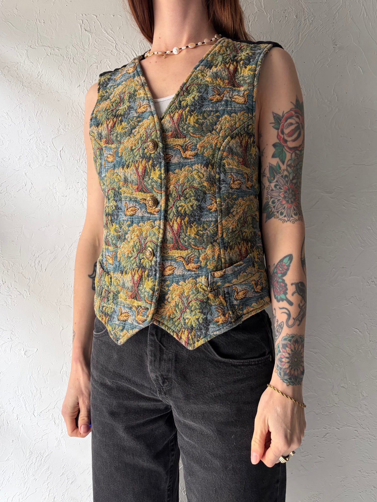 Vintage Yellow Cotton Tapestry Vest / Large