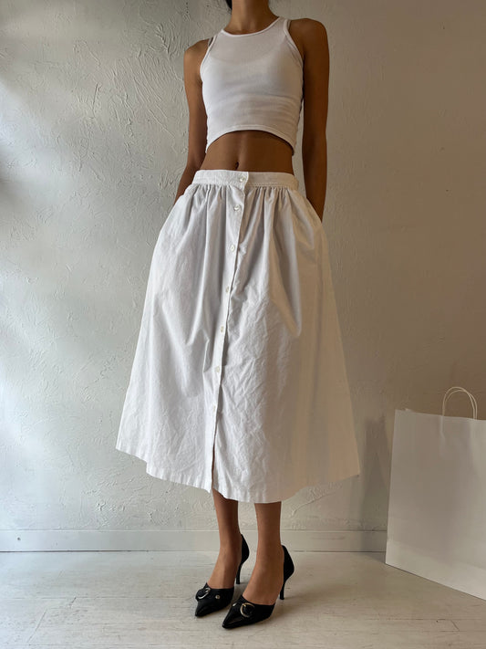 80s 'Sears' White Cotton Midi Skirt / Medium