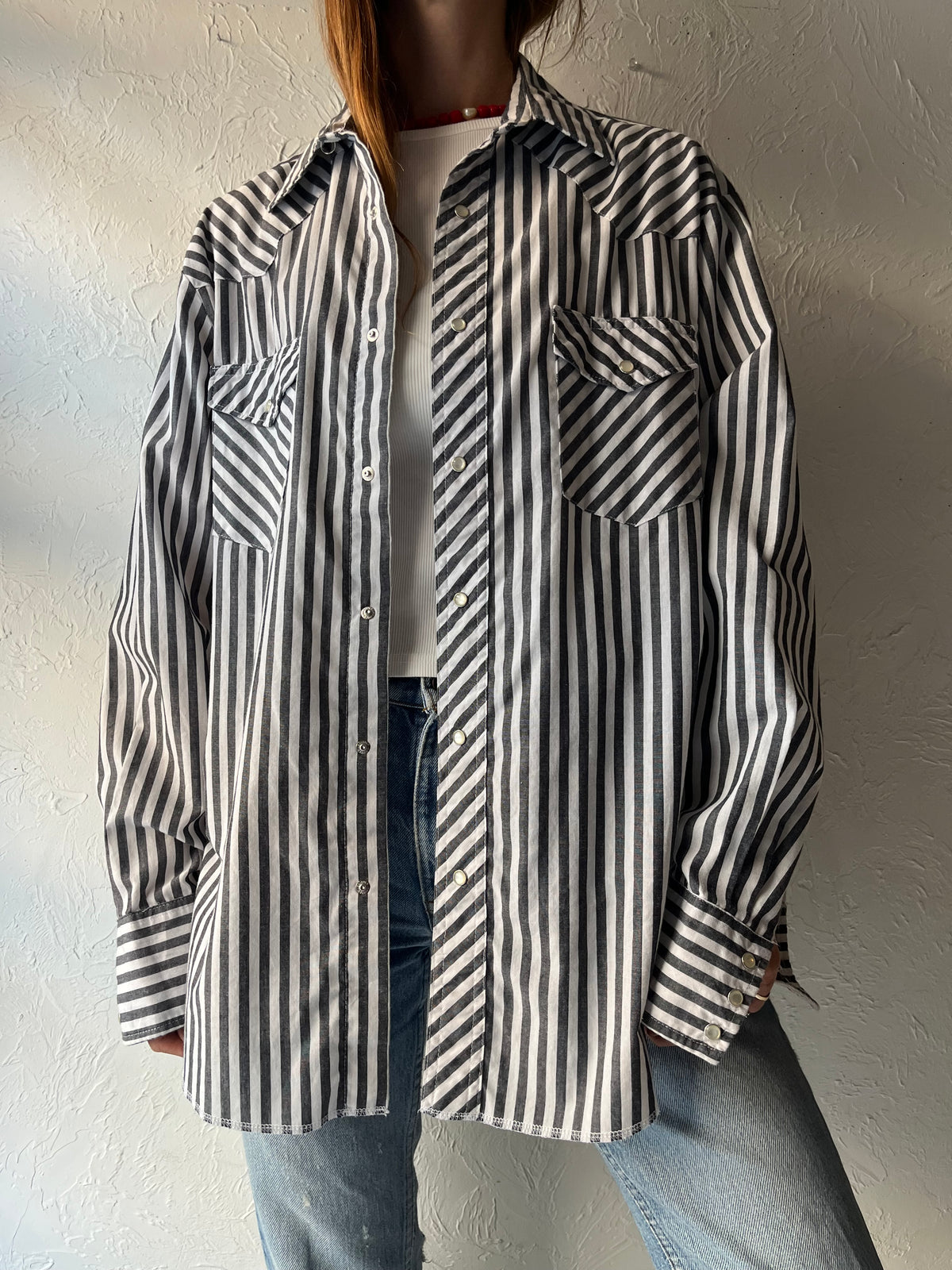 Y2k 'Wrangler' Striped Western Pearl Snap Shirt / Large