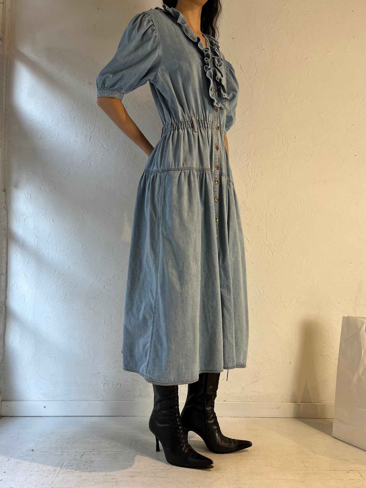 90s ‘Uni Mondo’ Ruffle Denim Dress / Large