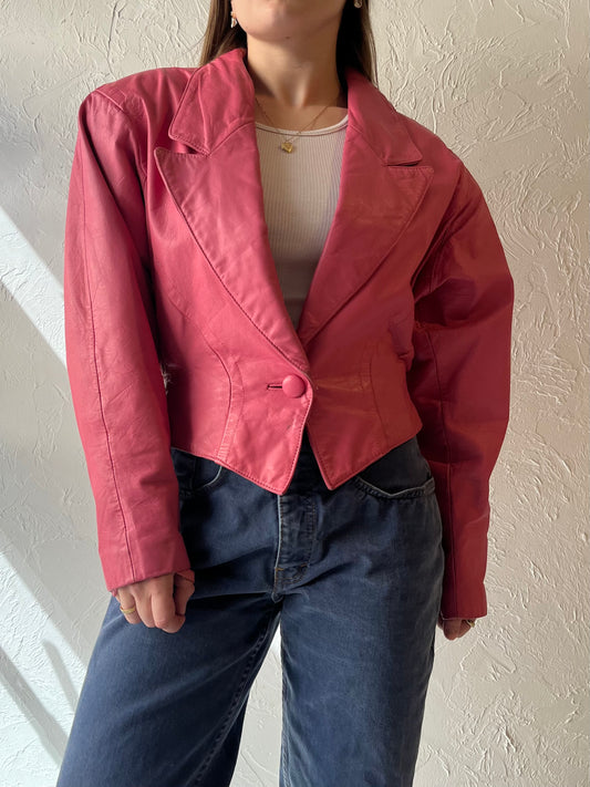 80s 'Chia' Pink Leather Bomber Jacket / Small