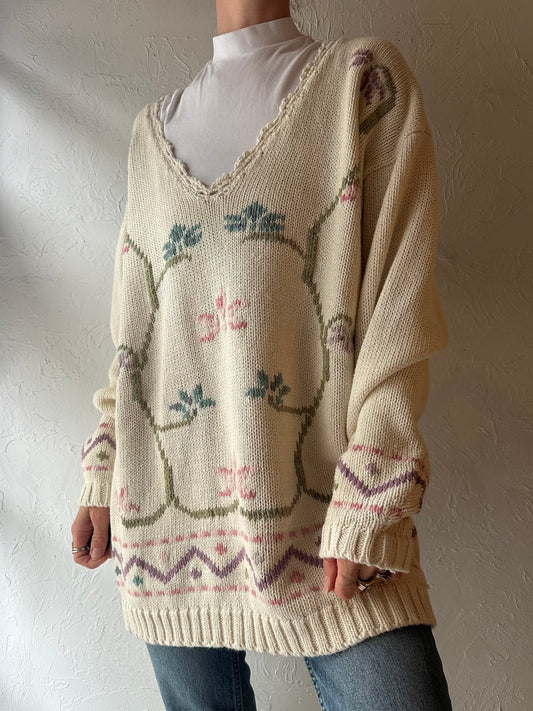 90s 'Woodland' White Floral Knit Sweater / Small