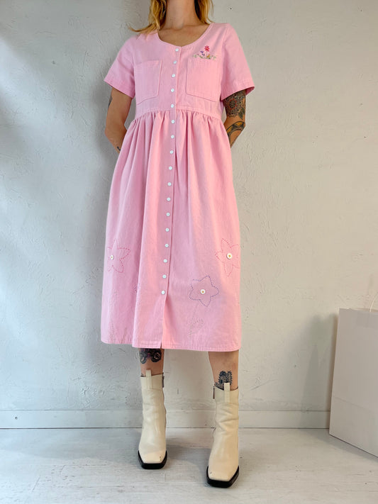 Vintage Pink Embroidered Snap Up Chore Dress / Medium