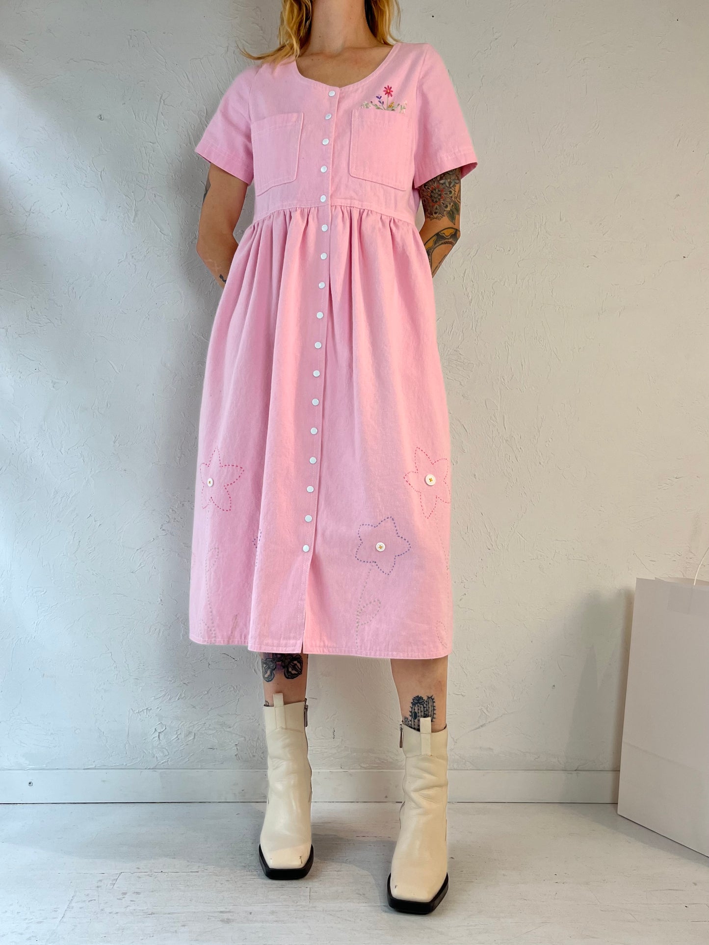 Vintage Pink Embroidered Snap Up Chore Dress / Medium