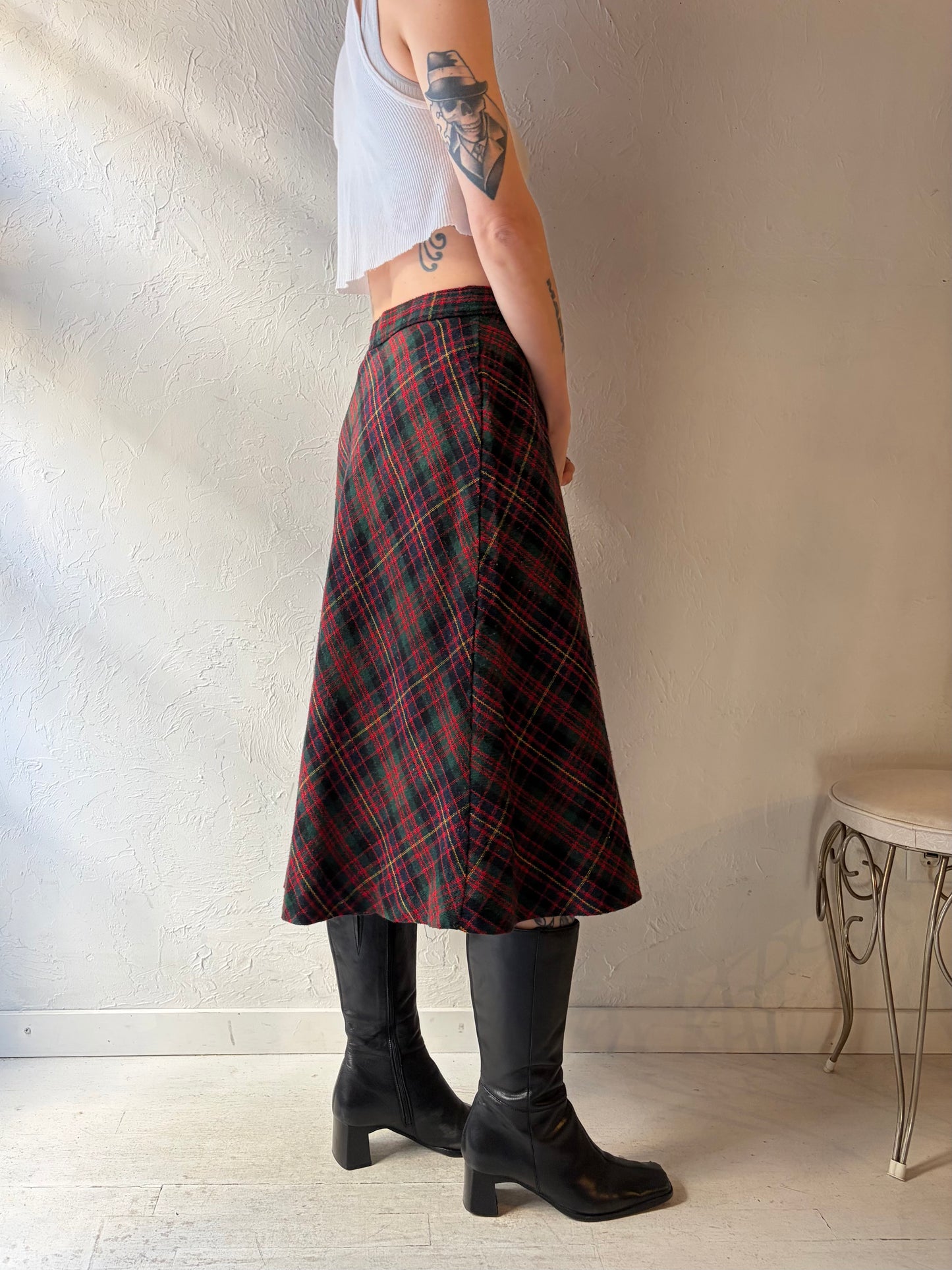 Vintage Plaid Knit Midi Skirt / Small - Medium
