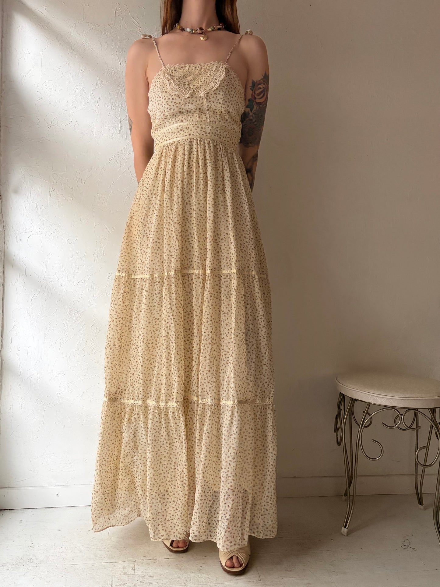 70s 'Candi Jones' Beige Peasant Dress / Small