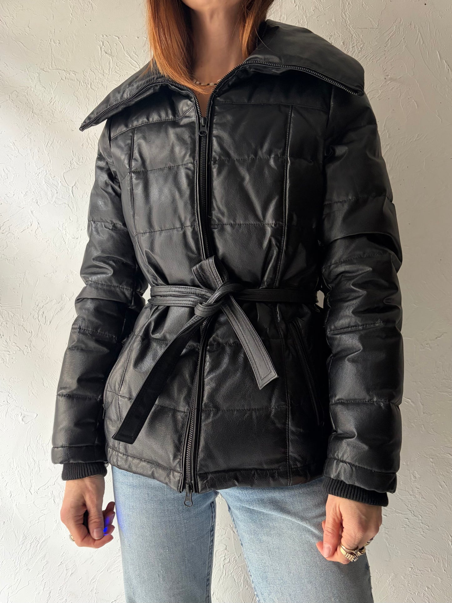 Y2k 'Danier' Black Puffy Leather Jacket / Vintage 2000s Streetwear Winter Jacket / XS