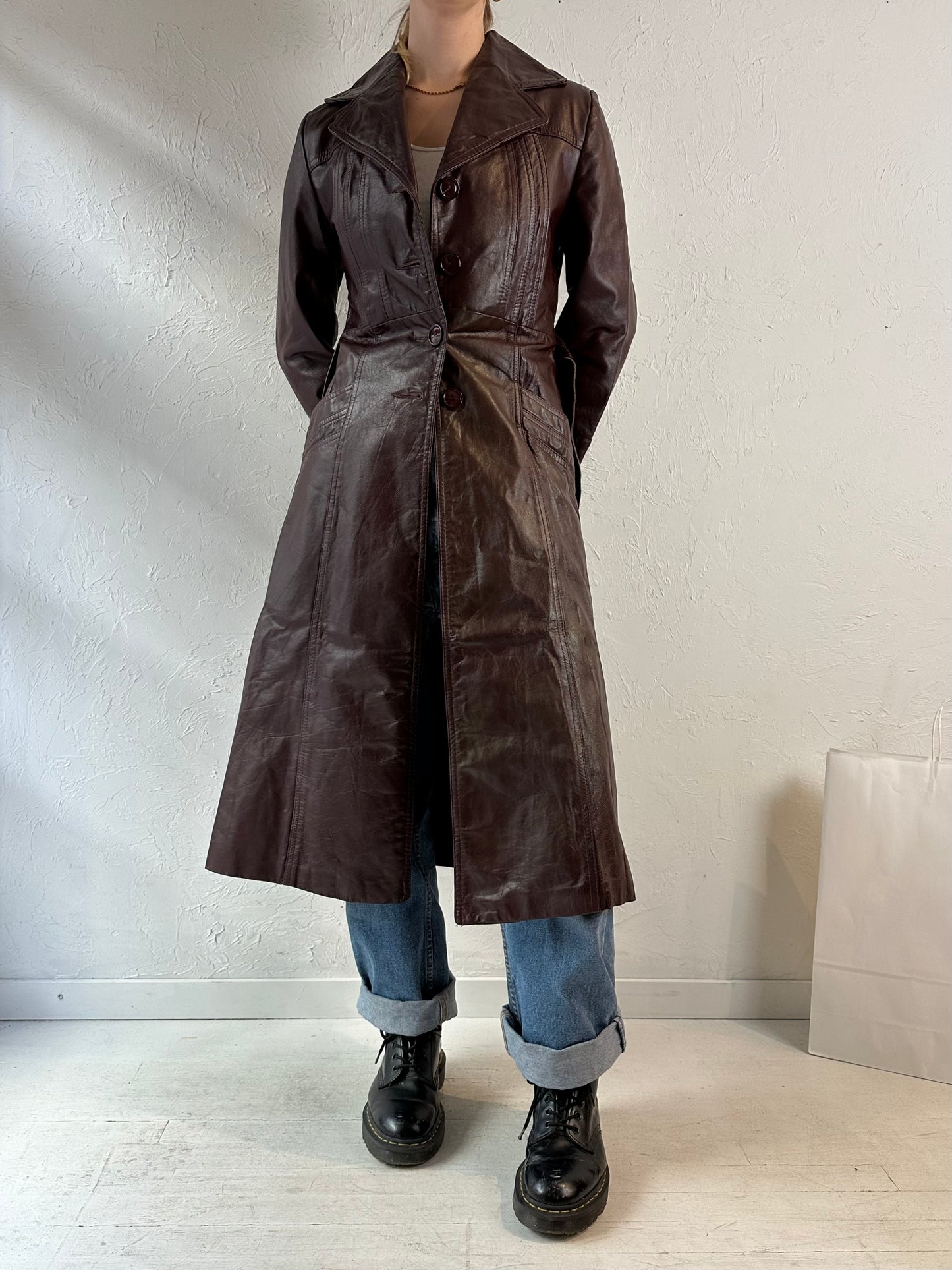 70s 'Wilsons' Burgundy Leather Trench Coat / Small