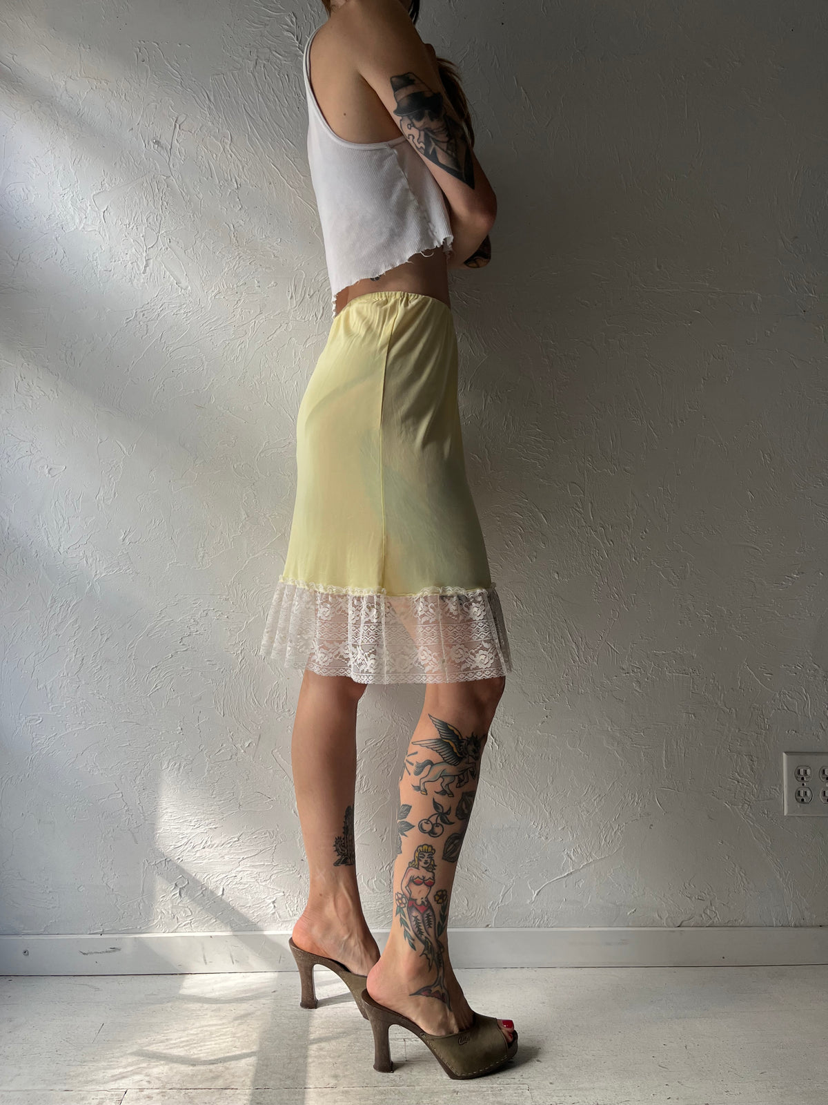 Vintage Yellow Romanic Minimalist Cottagecore Slip Mini Skirt / Small