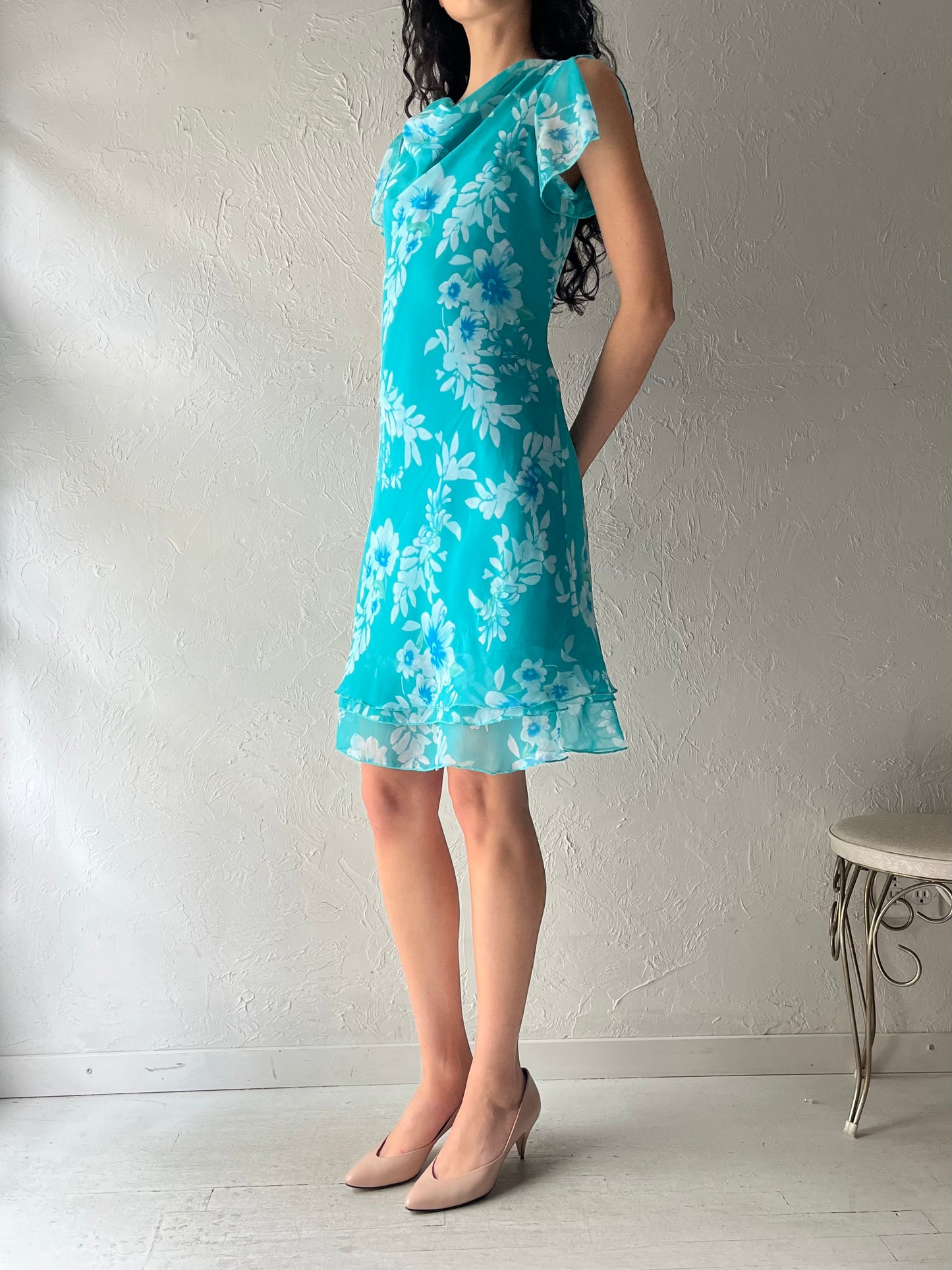 90s 'Jessica' Blue Floral Summer Dress / 1990s Romantic Slip Style Sundress / Small