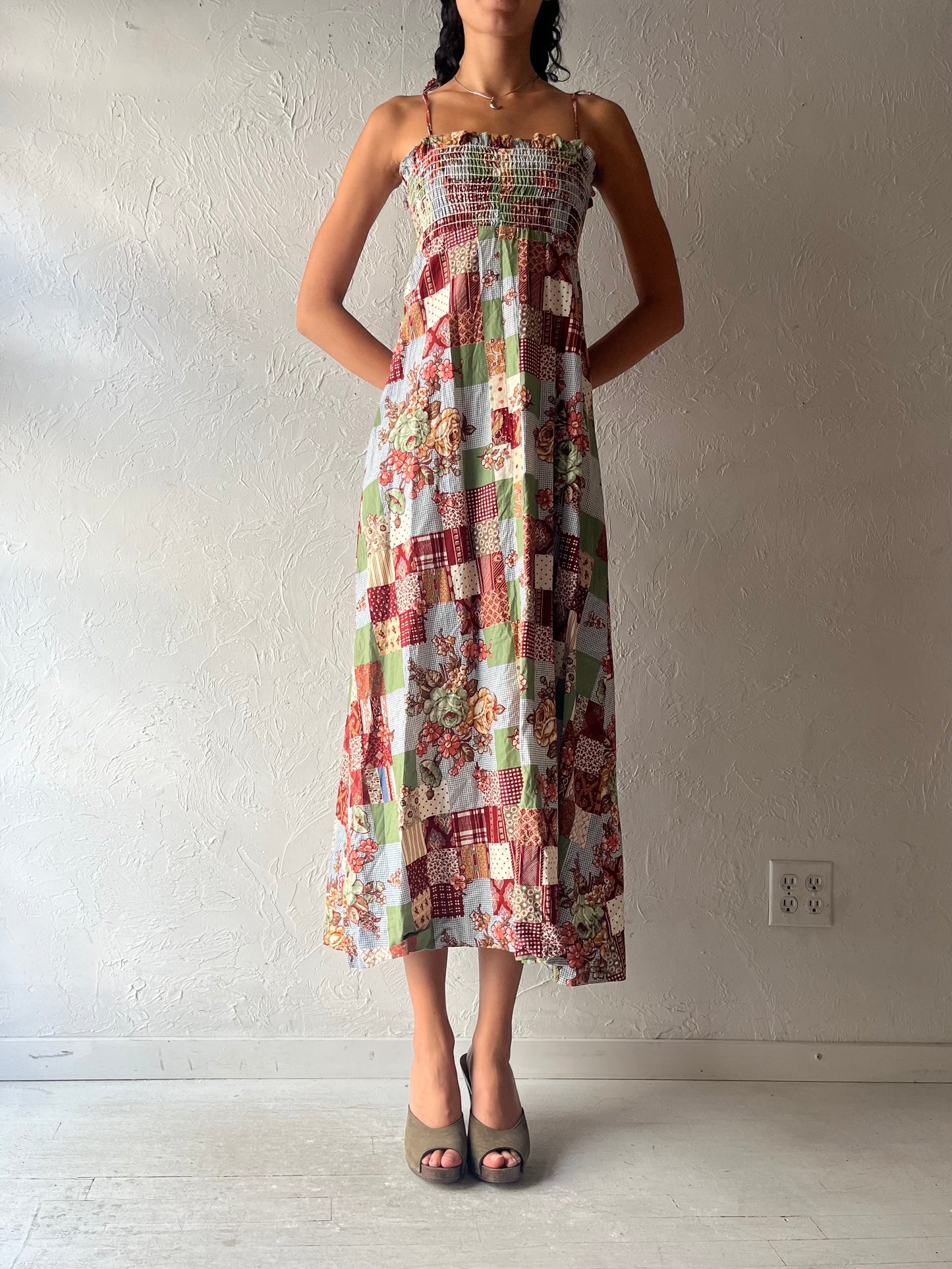 70s Smocked Elastic Hippie Maxi Dress / Small