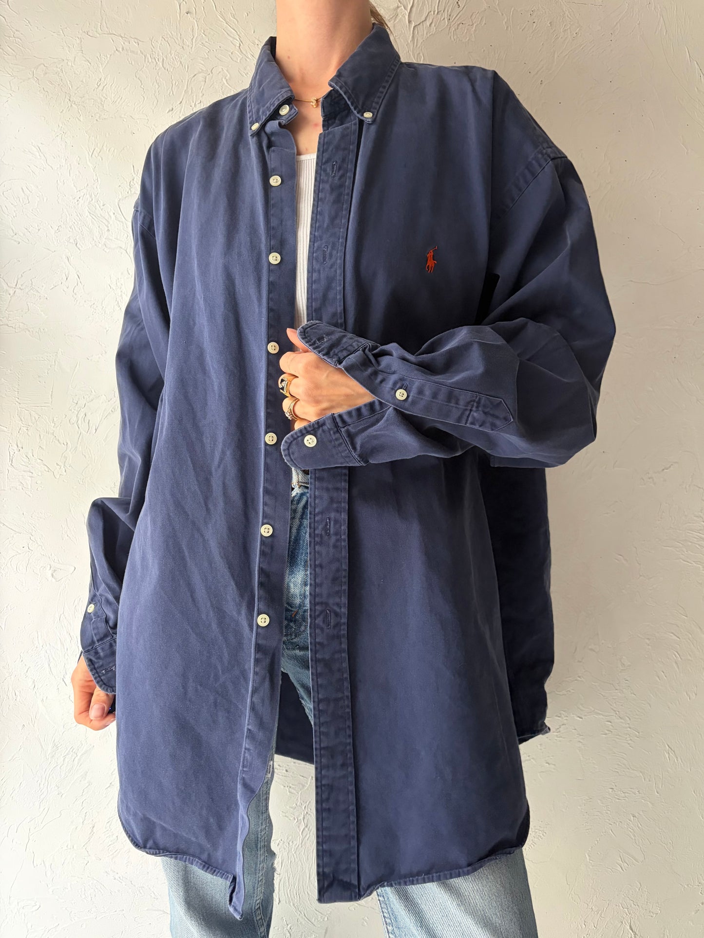 Vintage 'Ralph Lauren' Navy Blue Thick Cotton Shirt / XL