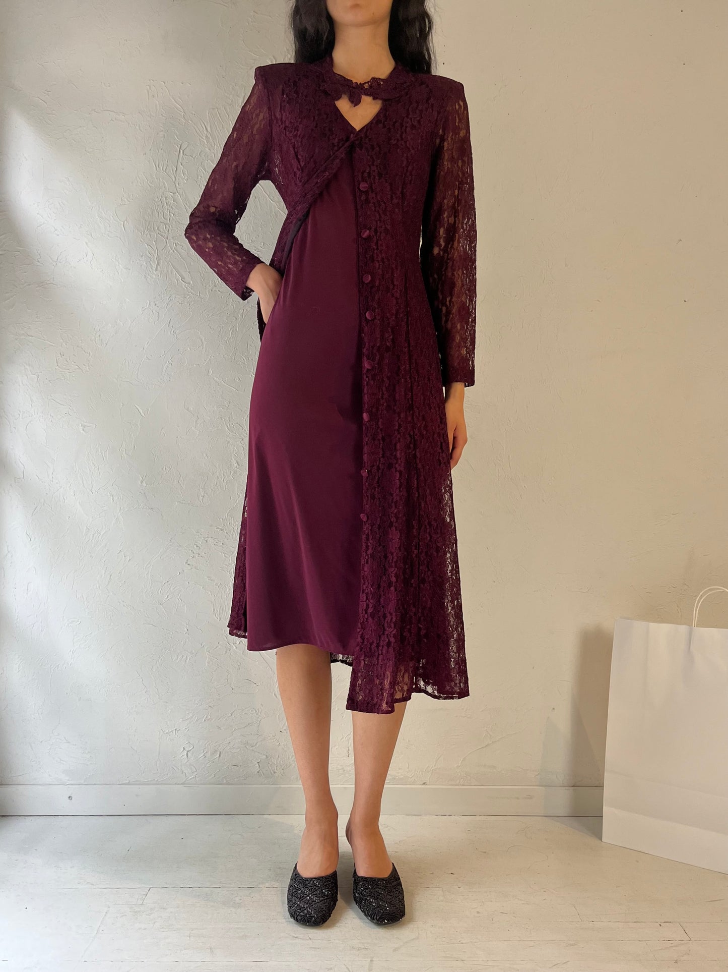 90s 'Dawn Joy' Long Sleeve Burgundy Lace Dress / Small