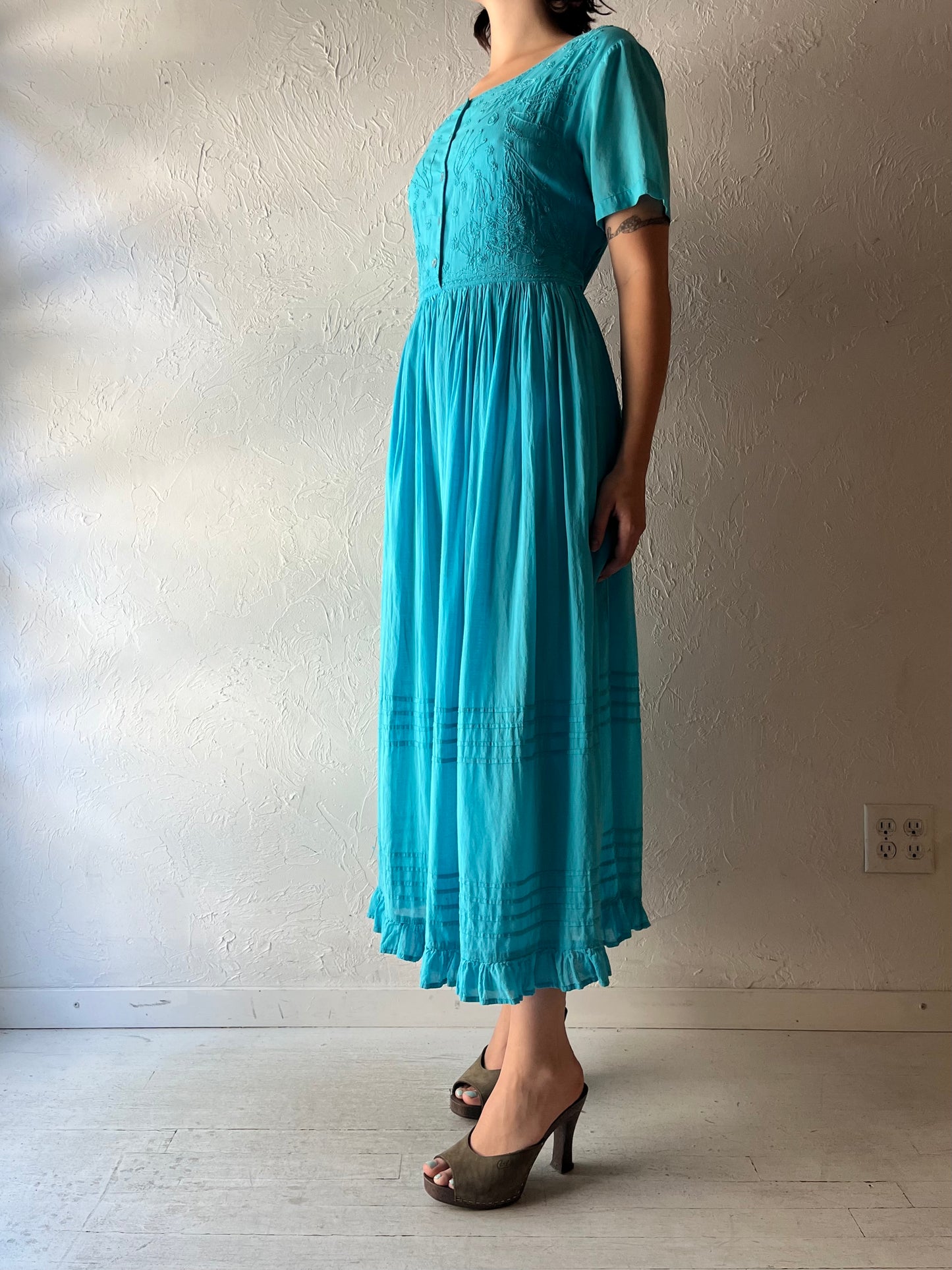 90s 'Victoria Holley' Blue Sundress / Embroidered Romantic Cottagecore Prairie Summer Dress / Small
