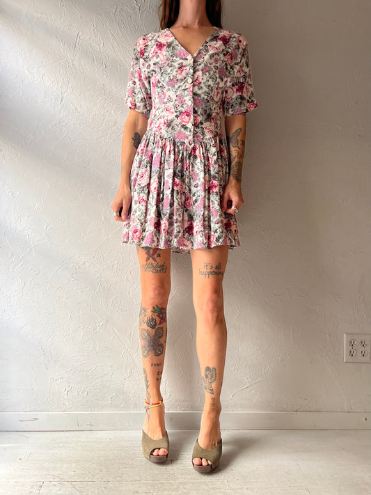 90s 'Pelican Cove' Pink Floral Cottagecore Babydoll Romantic Mini Dress / Small - Medium