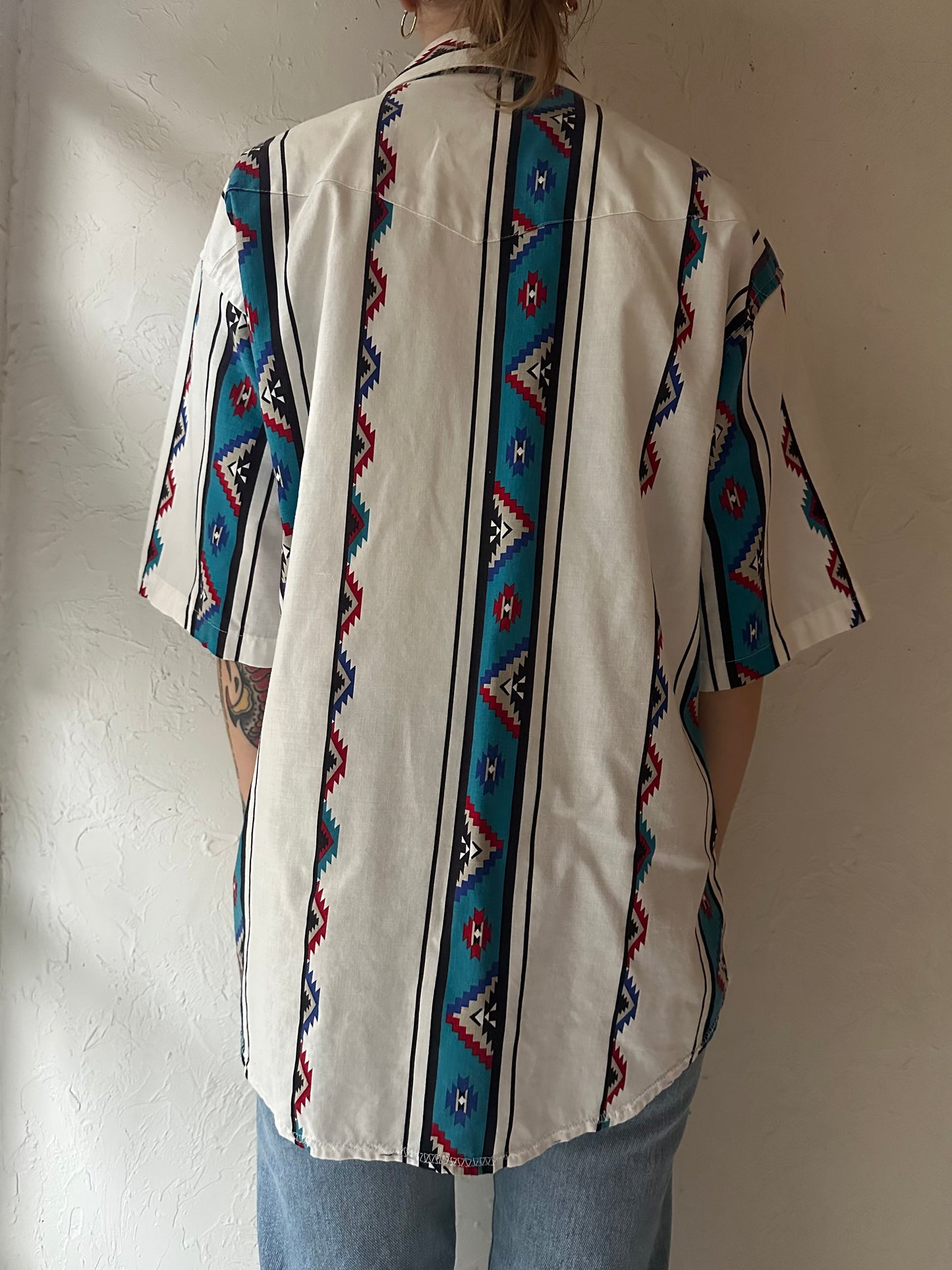 90s 'Wrangler' Aztec Snap Up Western Shirt / Large