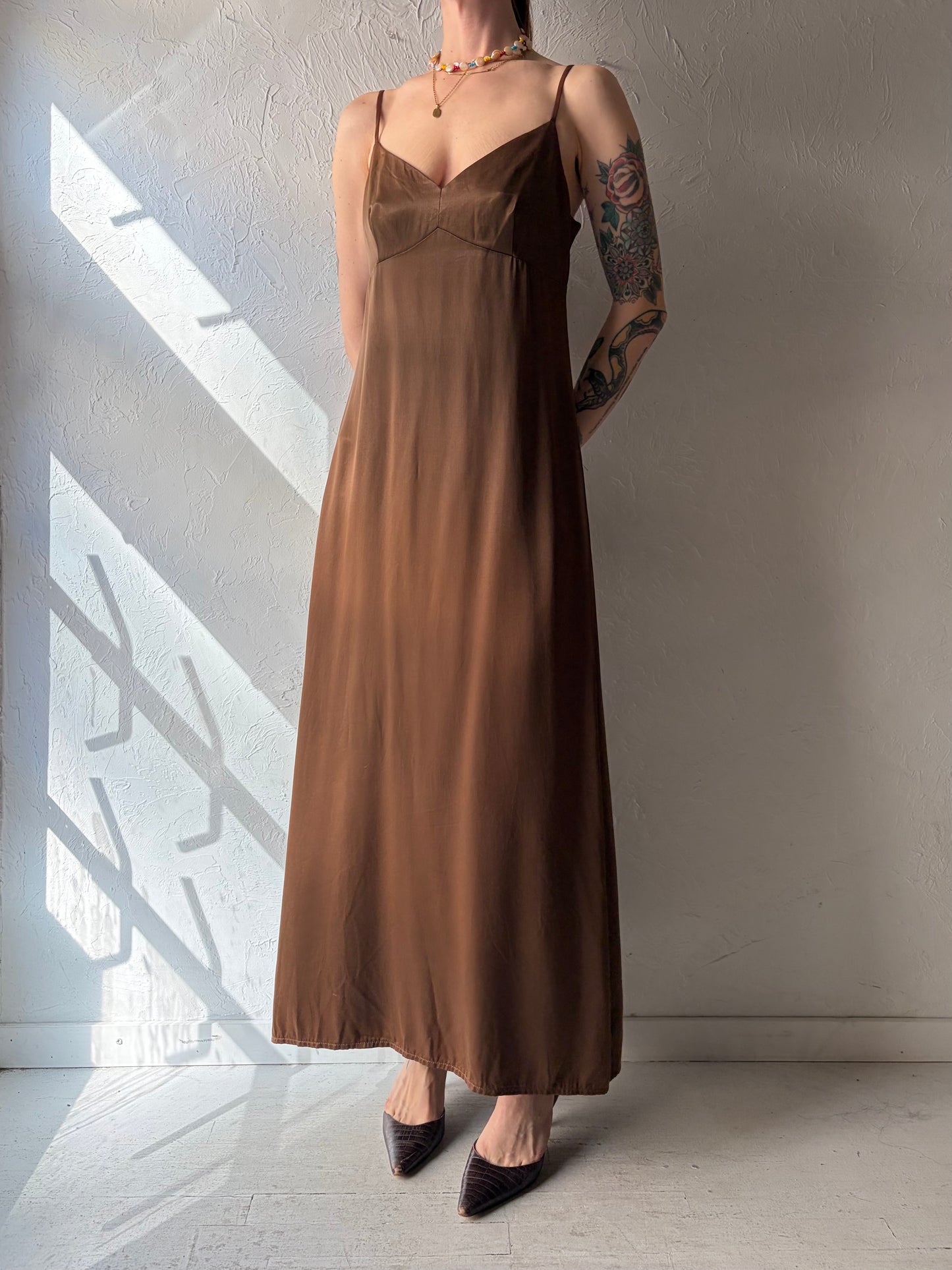 90s 'Jacob' Silky Brown Maxi Dress / Medium