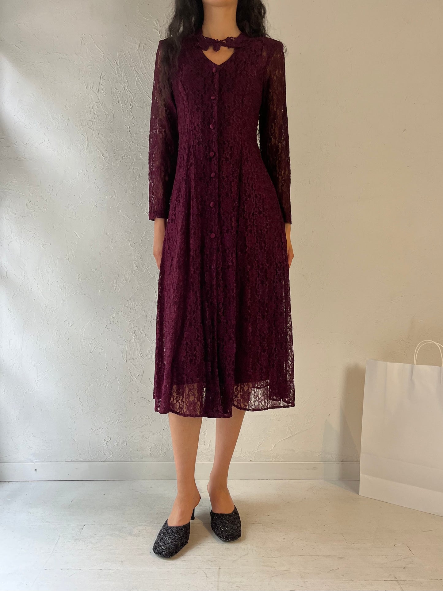 90s 'Dawn Joy' Long Sleeve Burgundy Lace Dress / Small