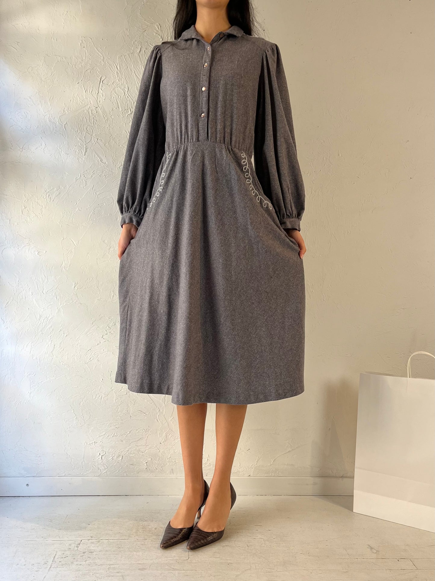 80s ‘Frenzy’ Gray Knit Western Dress / Medium