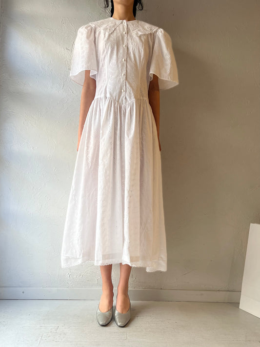 80s ‘Dayworks’ White Eyelet Midi Dress / Medium