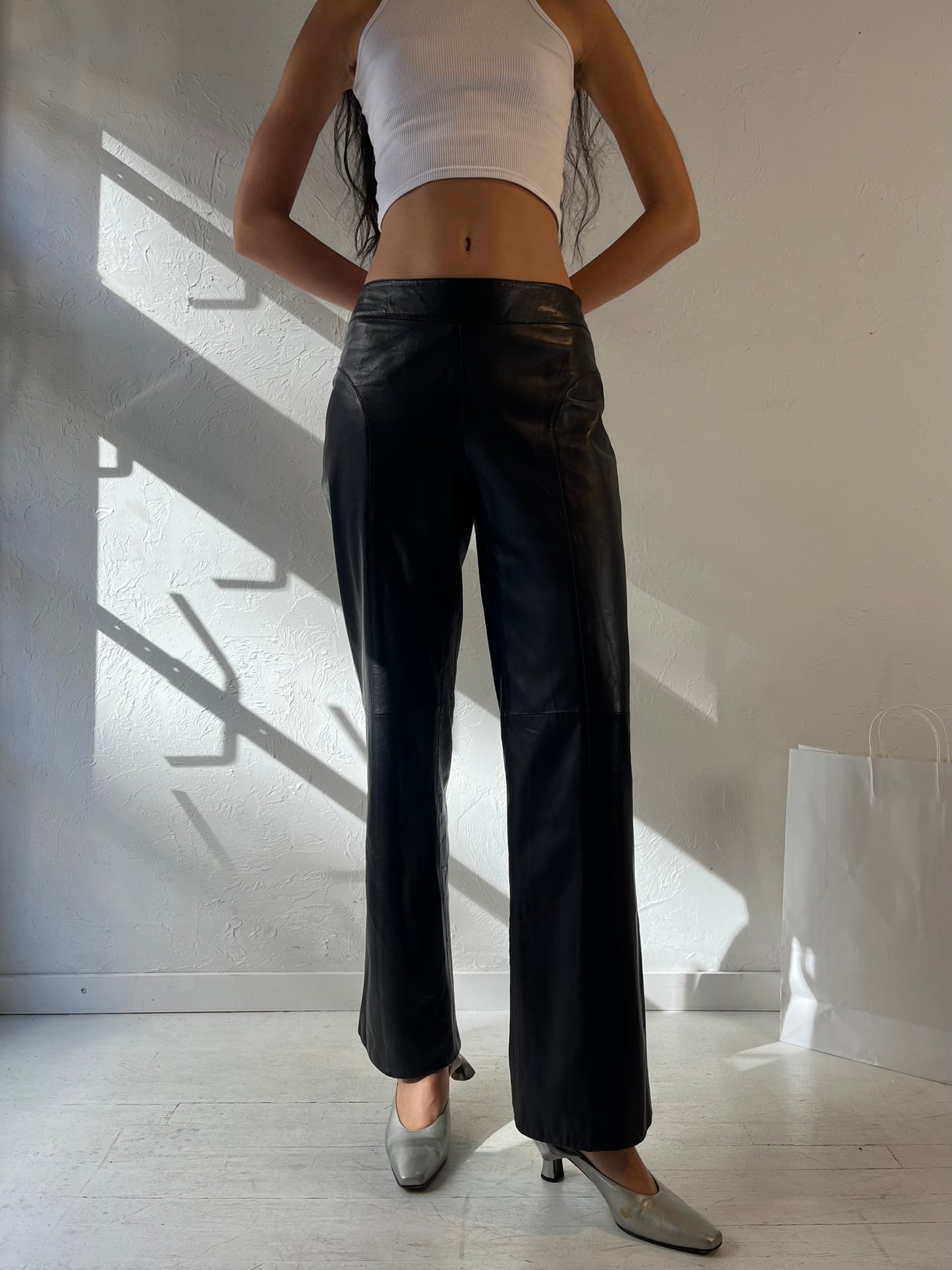 Vintage Black Leather Pants / 28