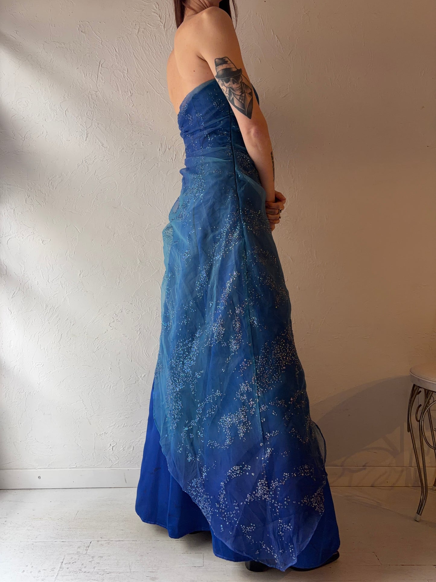 90s 'Jump' Blue Strapless Sparkly Formal Dress / Small