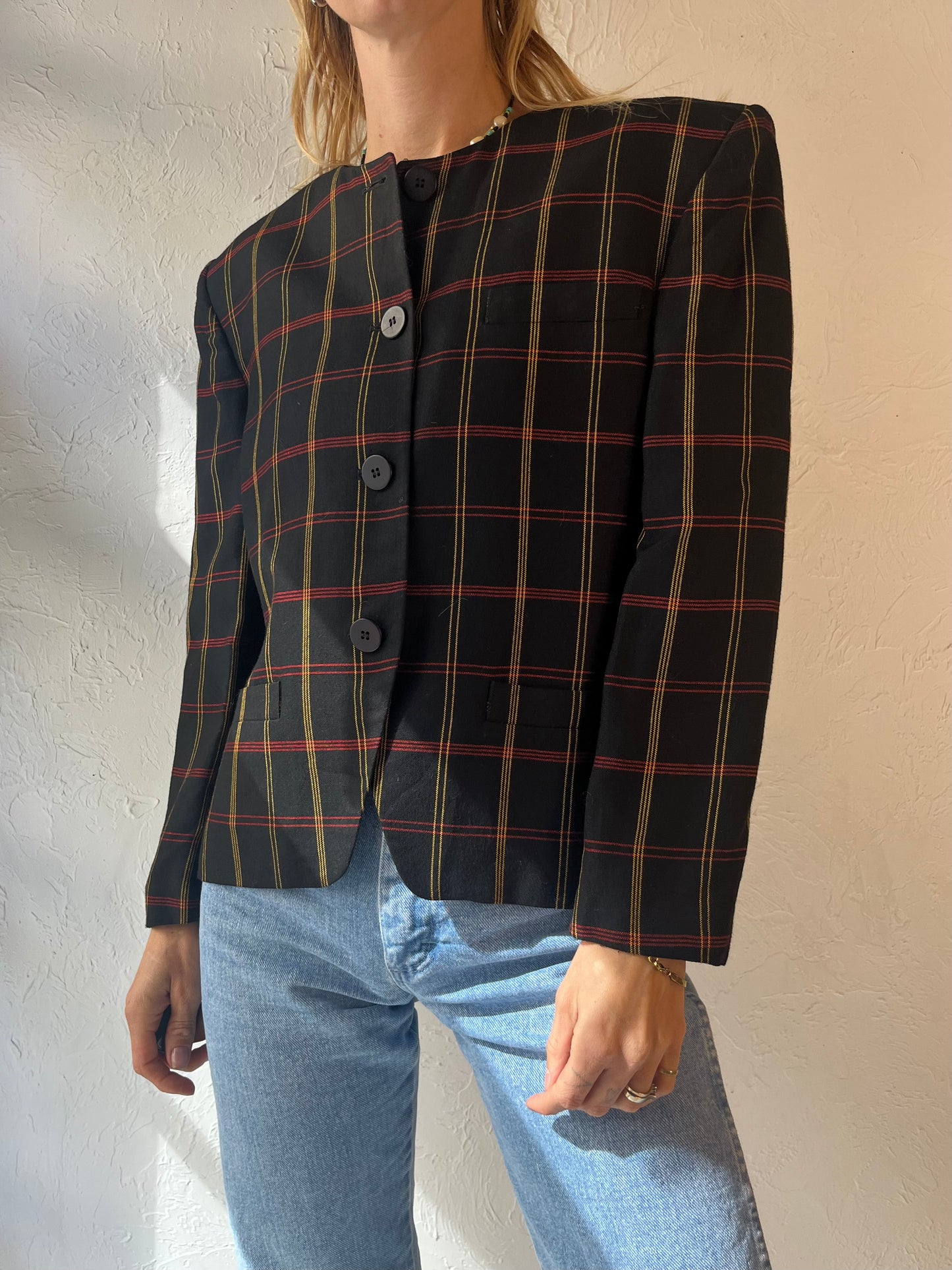 90s 'Jones New York' Black Check Jacket / Medium