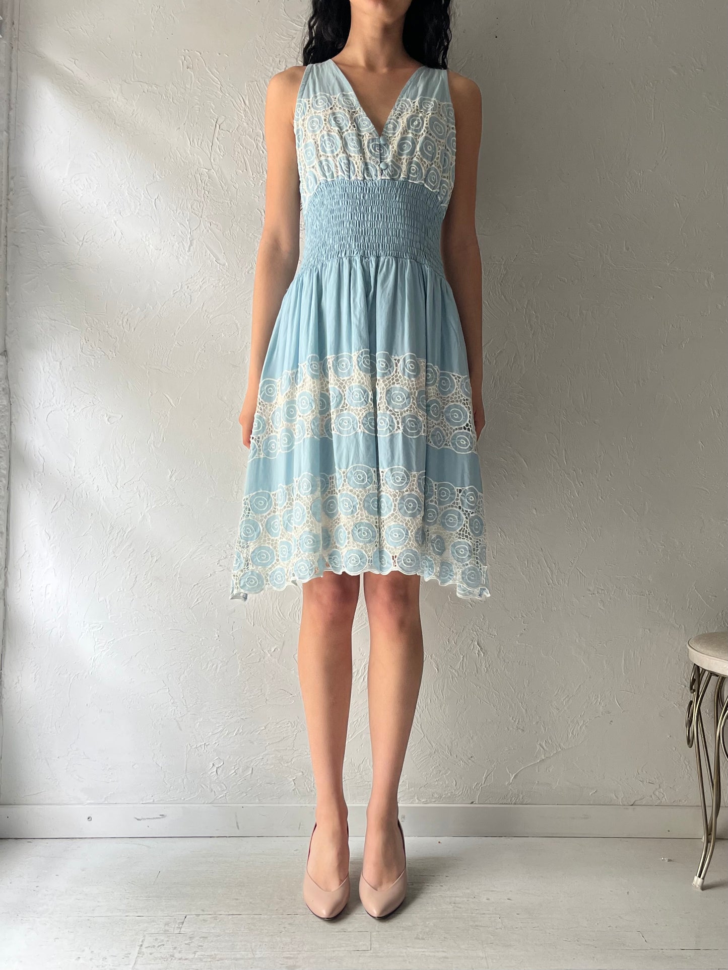 90s 'Hibis' Blue Hippie Midi Dress / Medium - Large