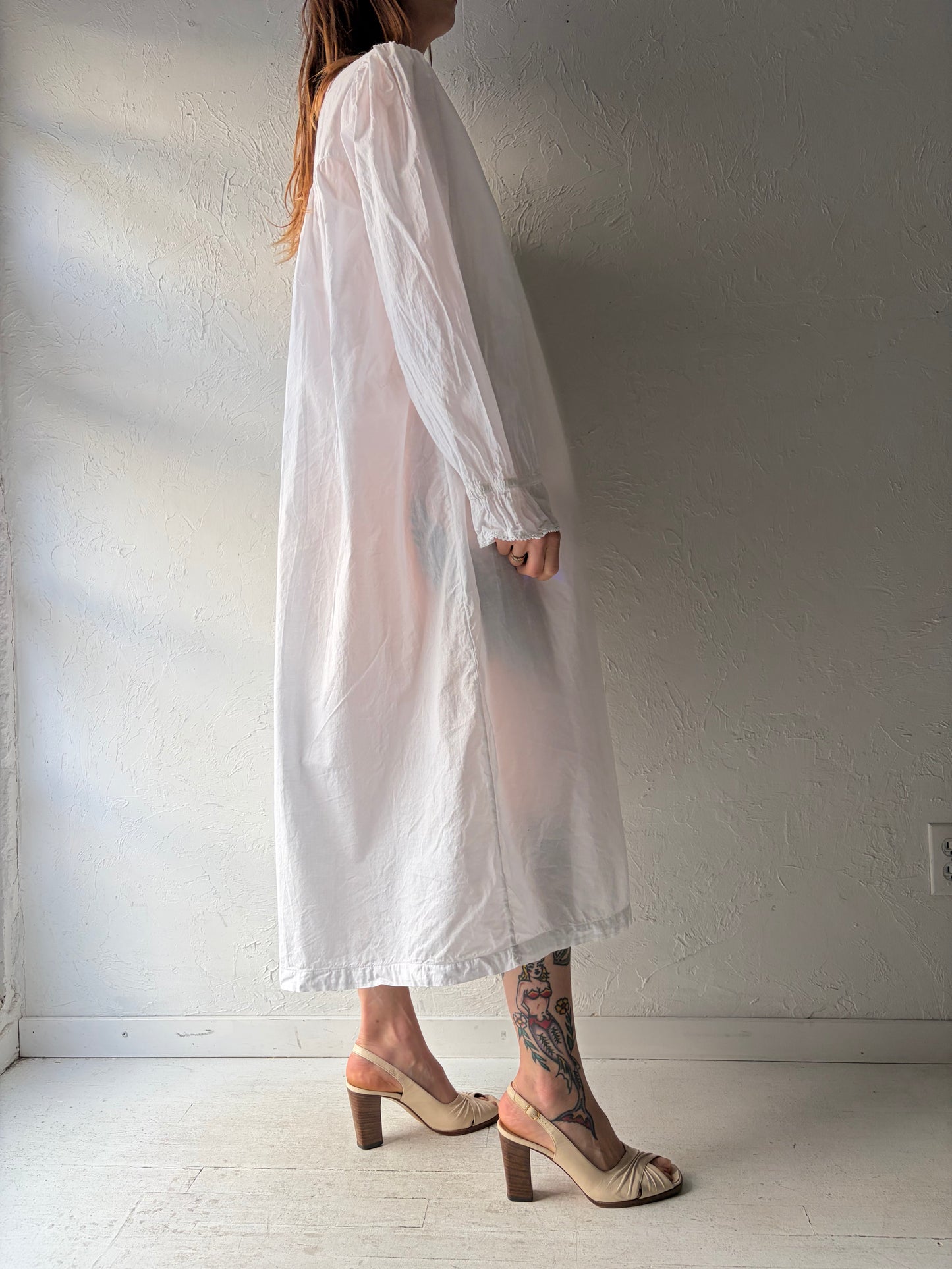 90s 'Honors' Long Sleeve White Cotton Dress / Large