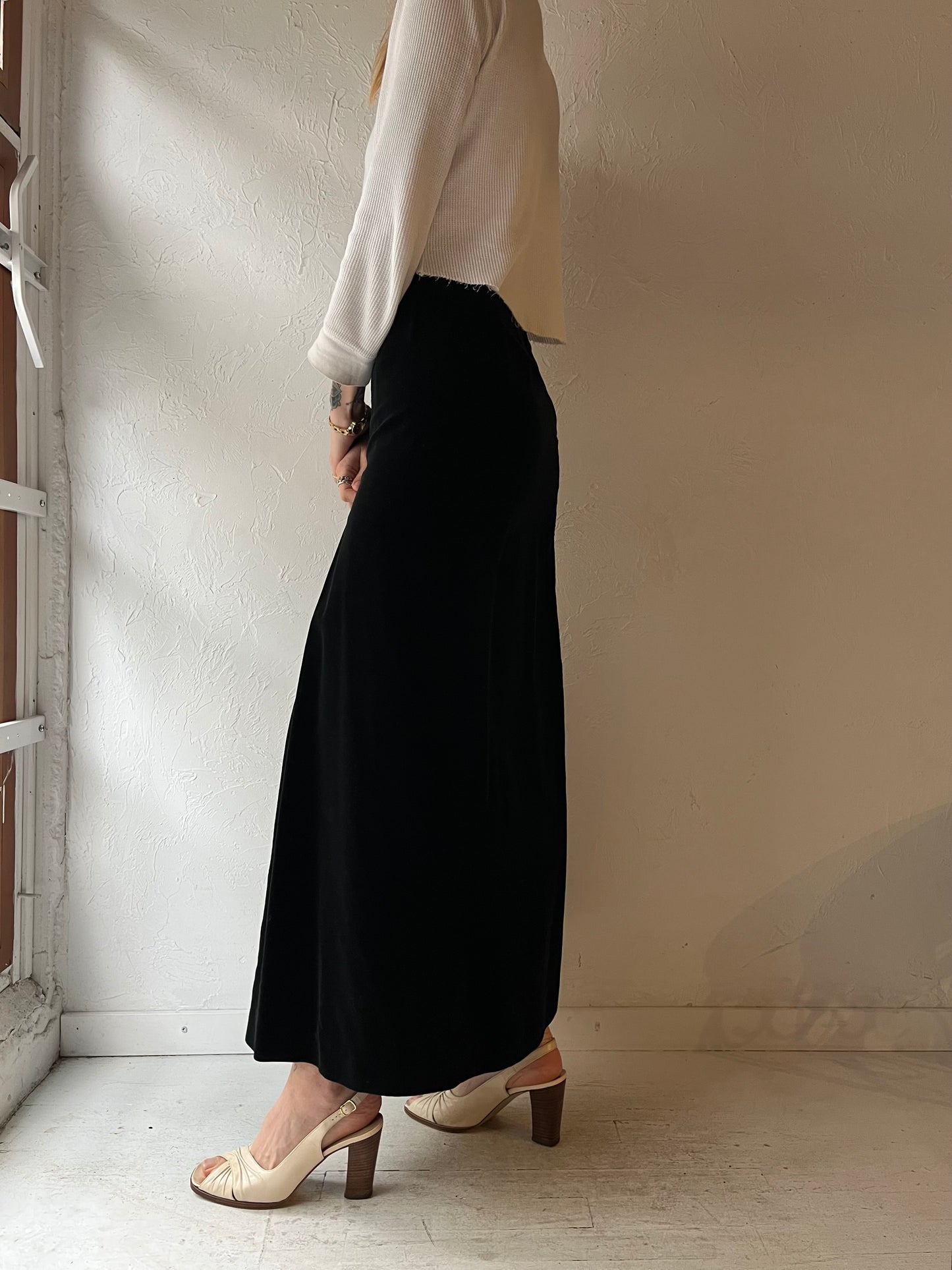 80s Black Velvet Maxi Skirt / XSmall