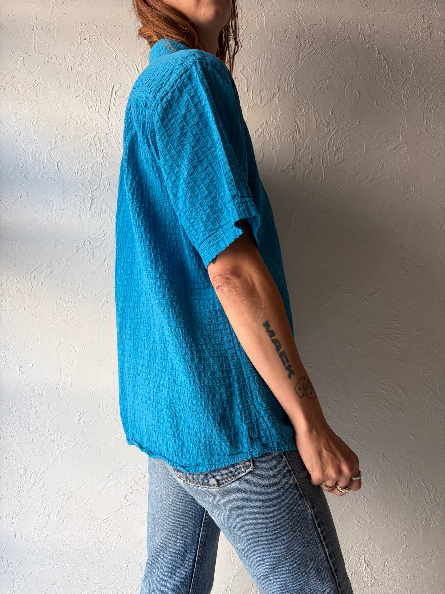 90s 'Ezze Wear' Blue Cotton Normcore Minimalist Snap Up Short Sleeve Shirt / Small