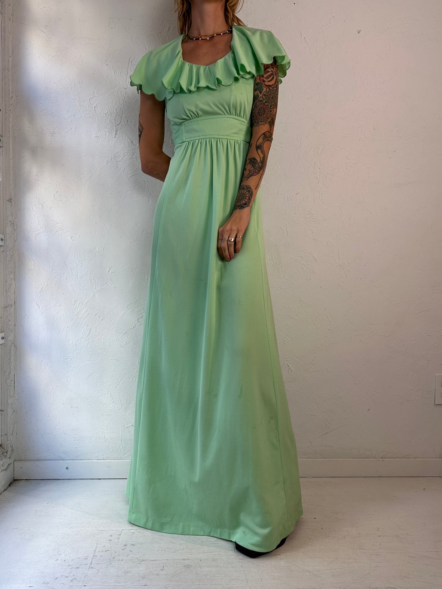 70s 'Nu Mode' Green Sleeveless Maxi Dress / Small