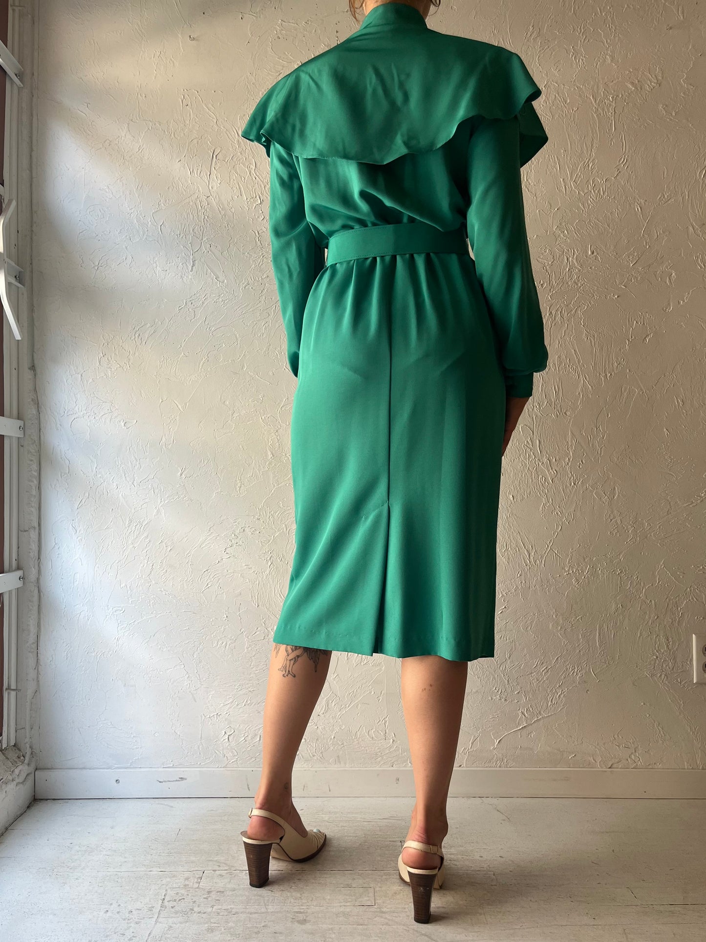 80s 'Eric Ryan' Green Retro Long Sleeve Spring Midi Shirt Dress / Medium