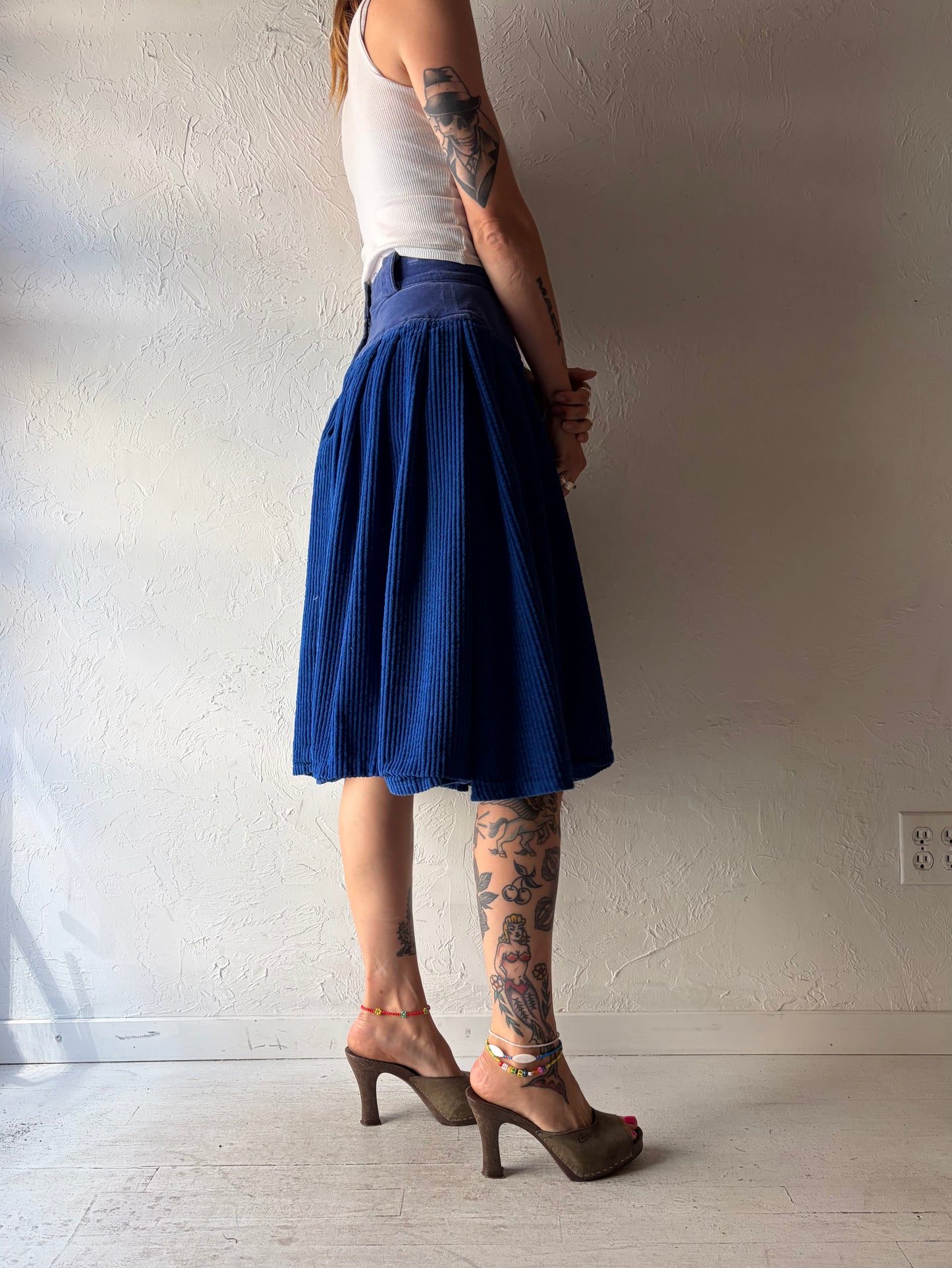 90s 'Together' Blue Corduroy Retro High Rise Midi Fall Skirt / Small