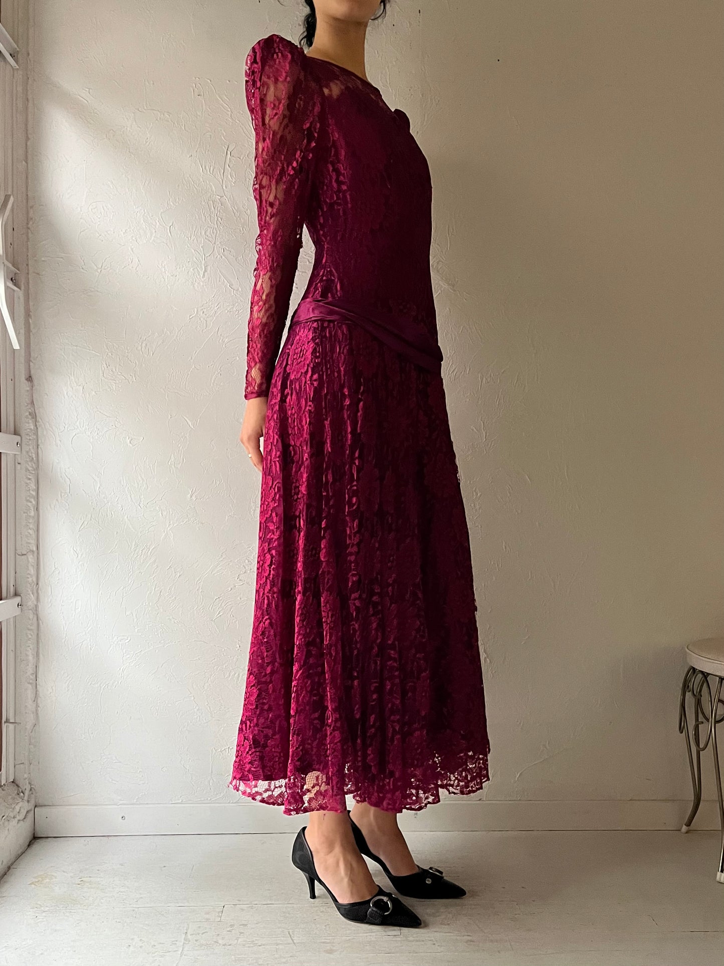 80s 'Highlite' Burgundy Lace Dress / Medium