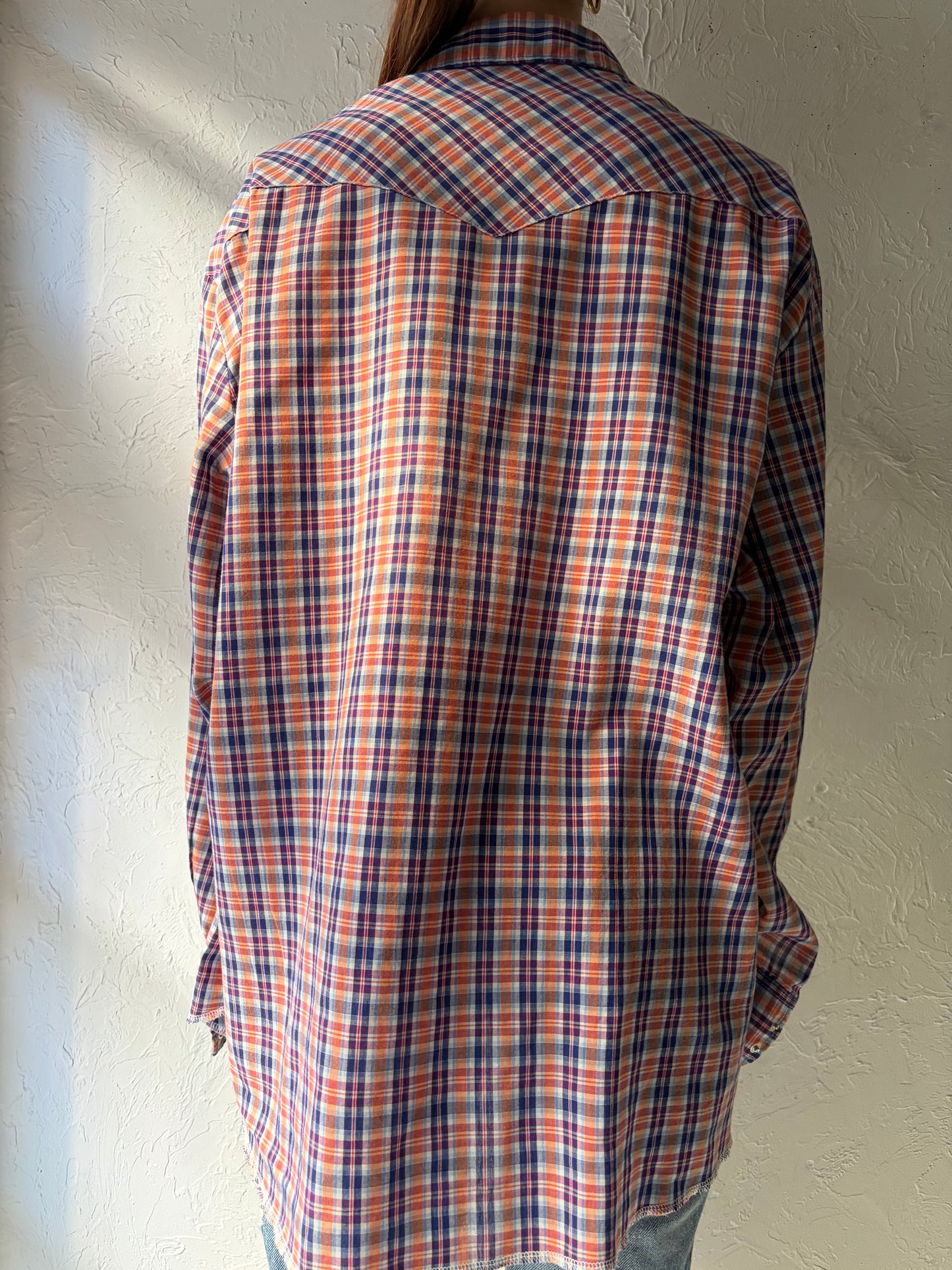 90s ‘Wrangler' Blue Plaid Snap up Western Shirt / XL
