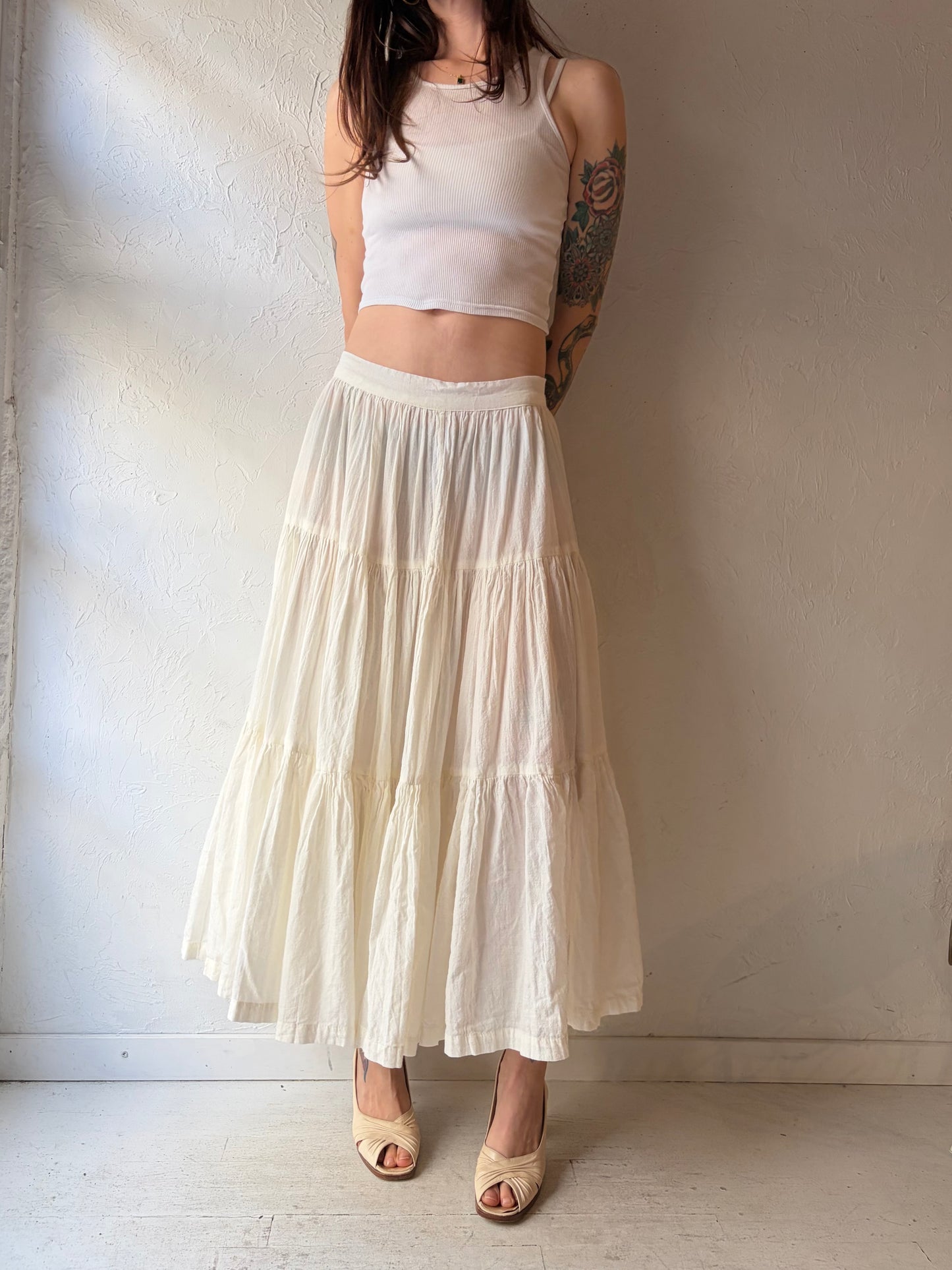 70s 'Martha Taos' White Broomstick Skirt / Small