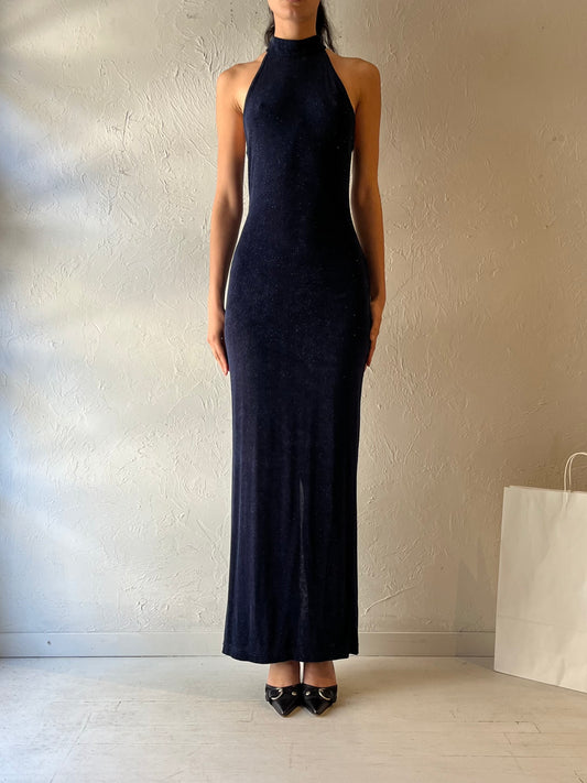 90s ‘Algo’ Blue Sparkly Halter Dress / Medium