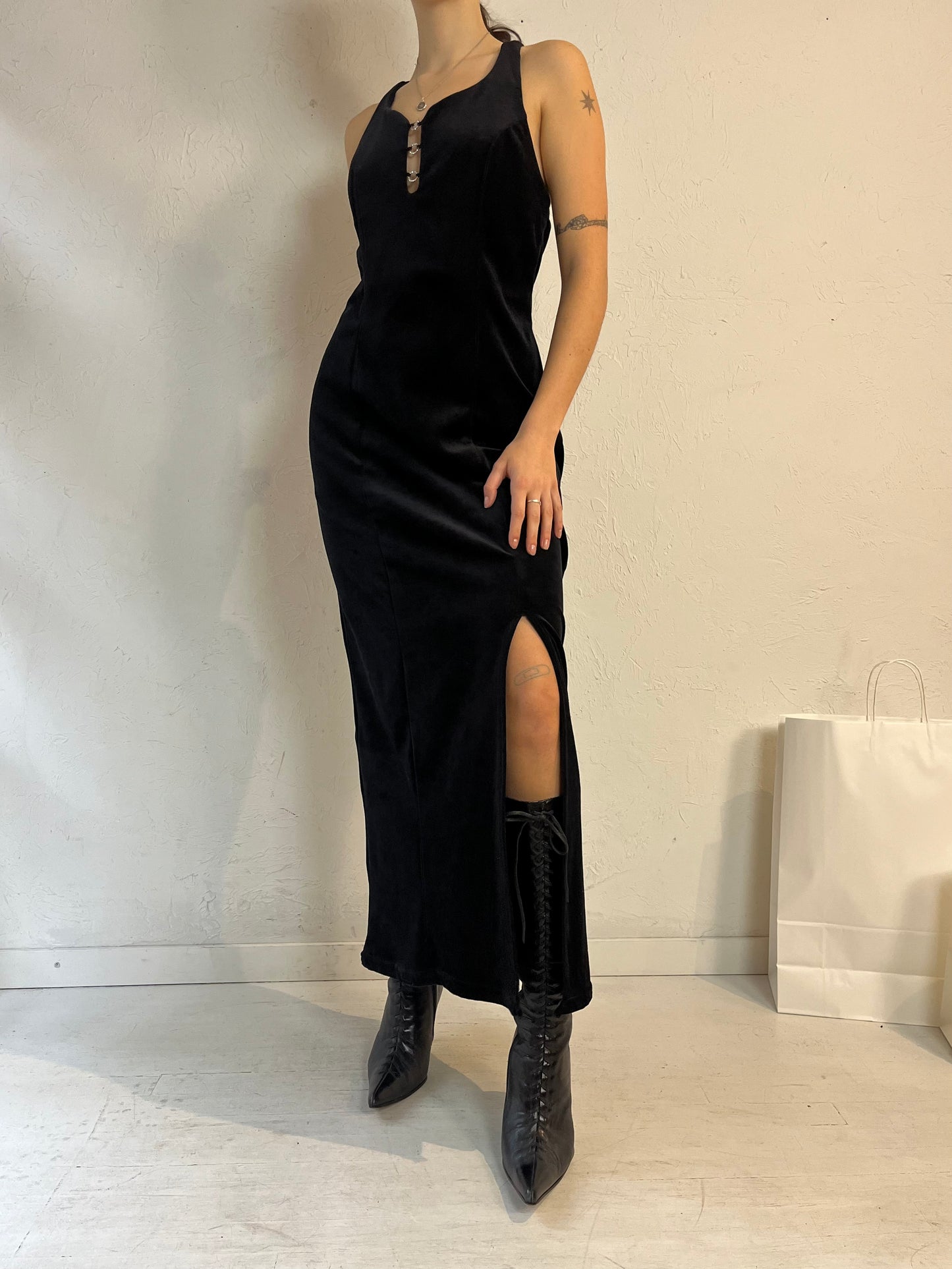 90s 'Tempo' Black Velvet Evening Dress / Small - Medium