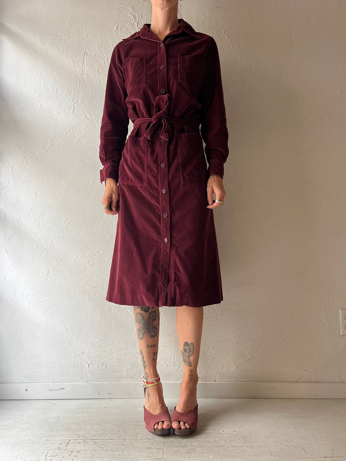 90s 'Ports International' Burgundy Corduroy Dark Academia Fall Midi Shirt Dress / Medium