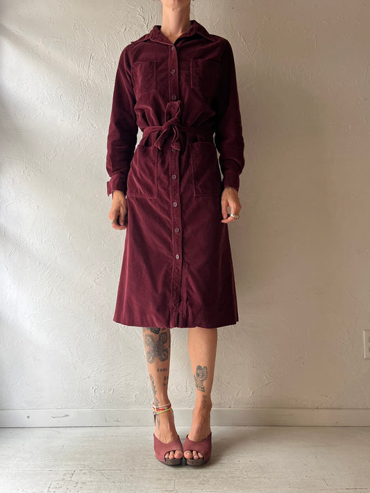 90s 'Ports International' Burgundy Corduroy Dark Academia Fall Midi Shirt Dress / Medium