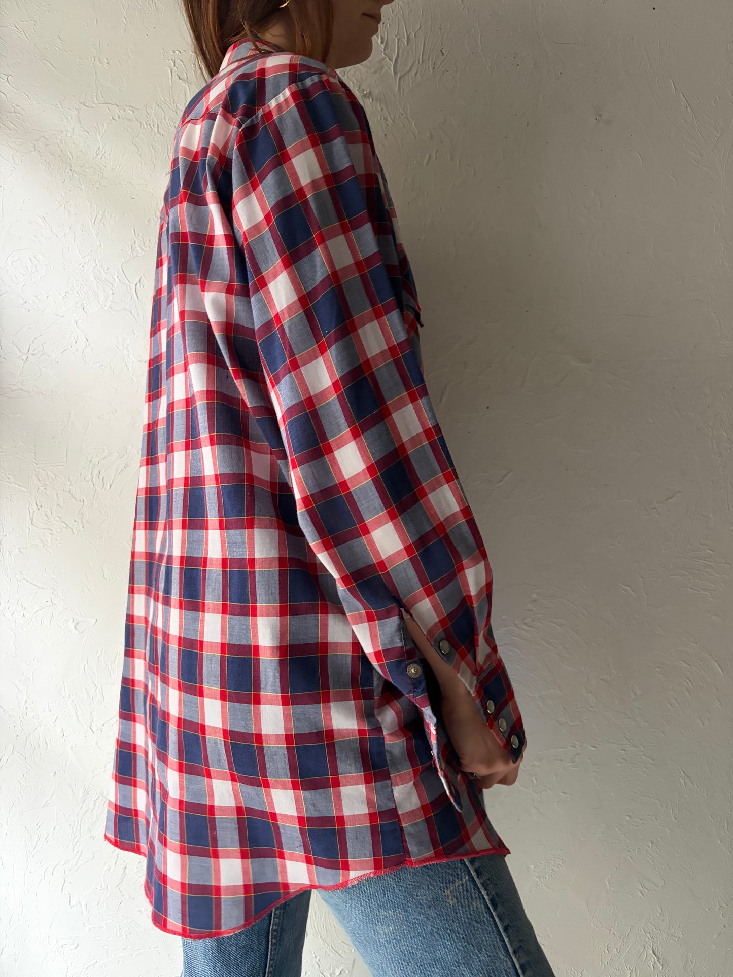 90s 'MWG' Blue Plaid Western Snap Up Shirt / Vintage 1990s Cowboy Workwear Shirt / Large