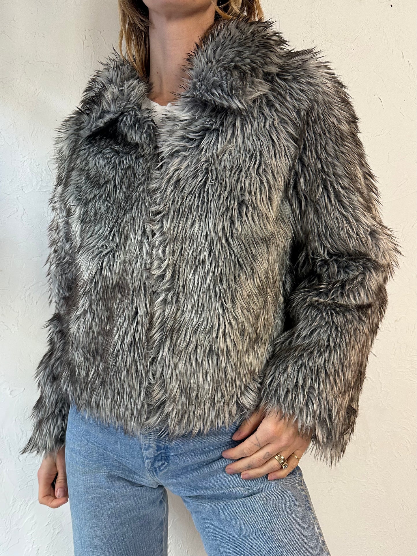 90s 'Le Chateau' Gray Faux Fur Jacket / Small