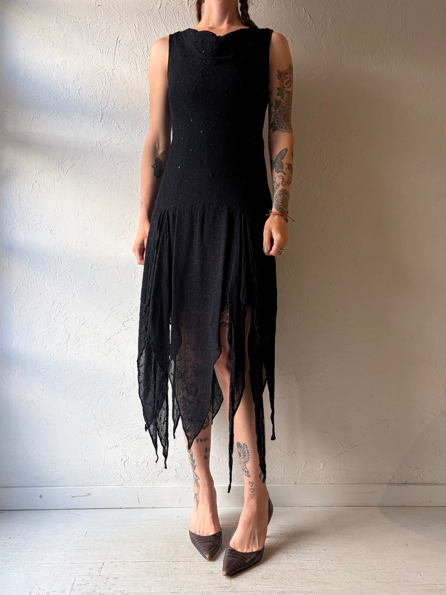 90s 'Majik' Black Fairycore Sequin Dress / Medium